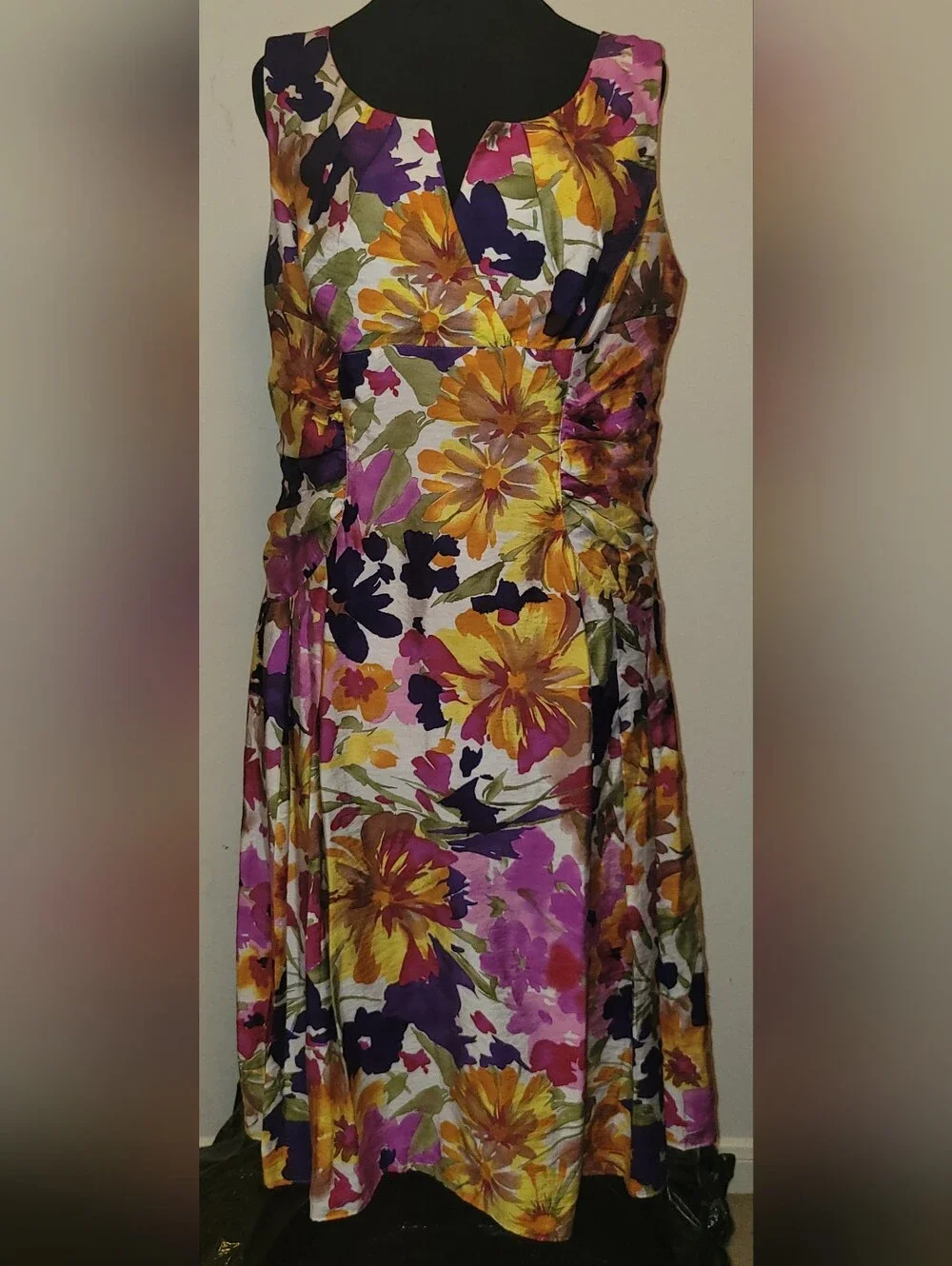 Adrianna Papell Floral Midi Dress in Yellow, Pink & Purple